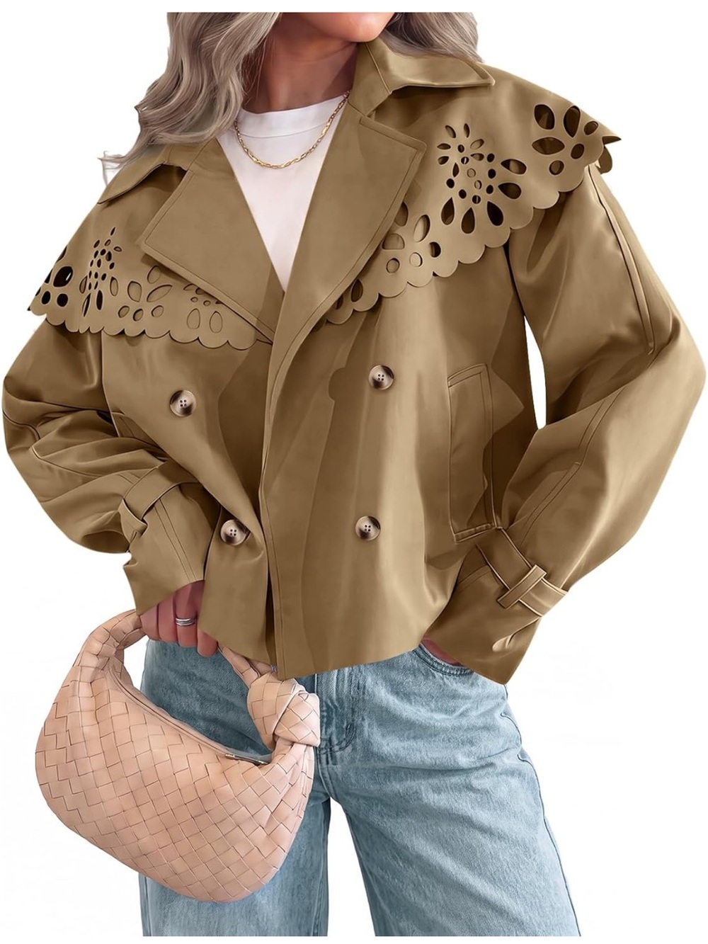 Women’s Laser-Cut Scallop Trench Jacket. Size Large. NWT. Beige Tan.